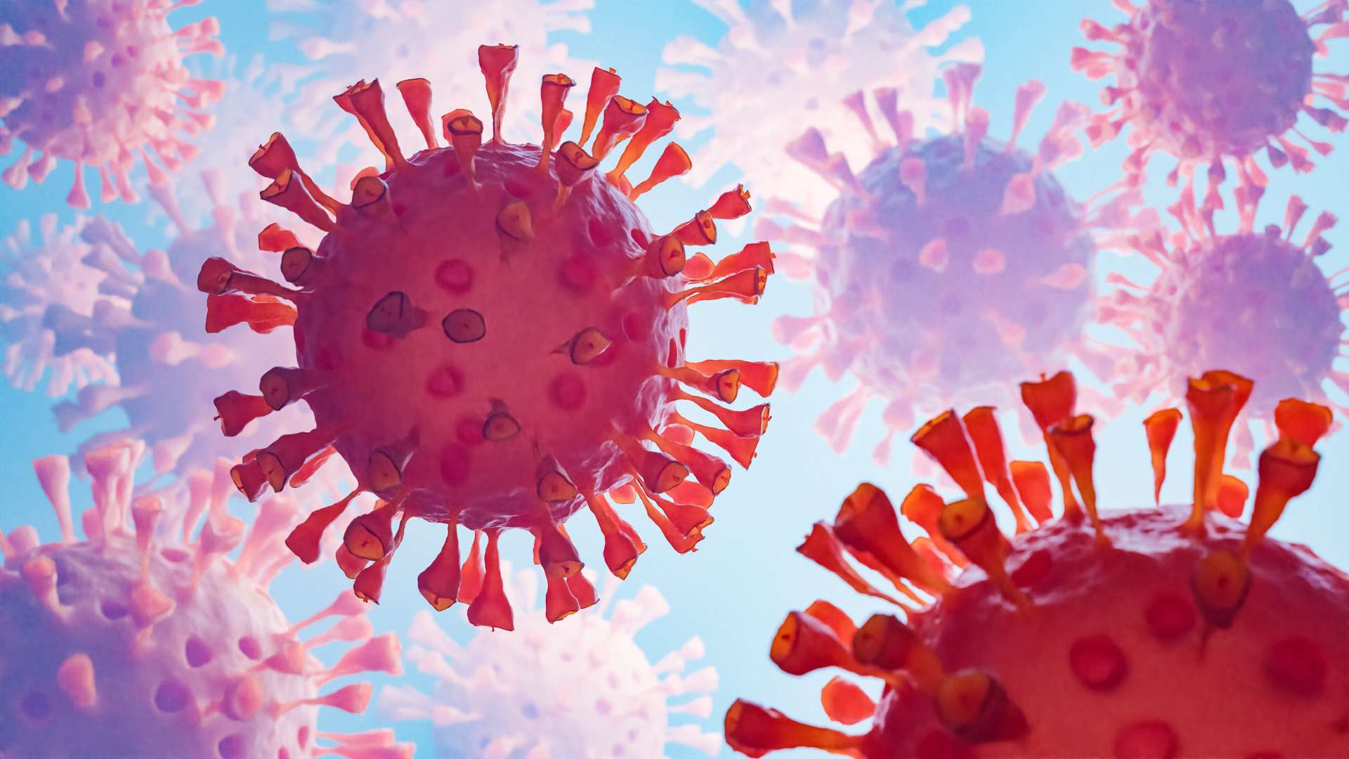 3D-rendered coronavirus with spike proteins.