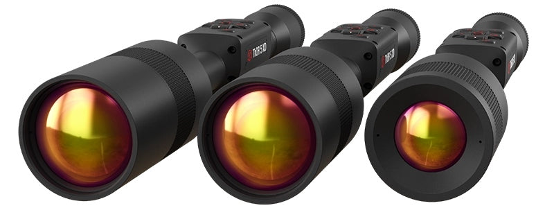 Three variants of the ATN ThOR 5 XD thermal rifle scopes, showcasing different lens options for customizable field performance and enhanced visibility.
