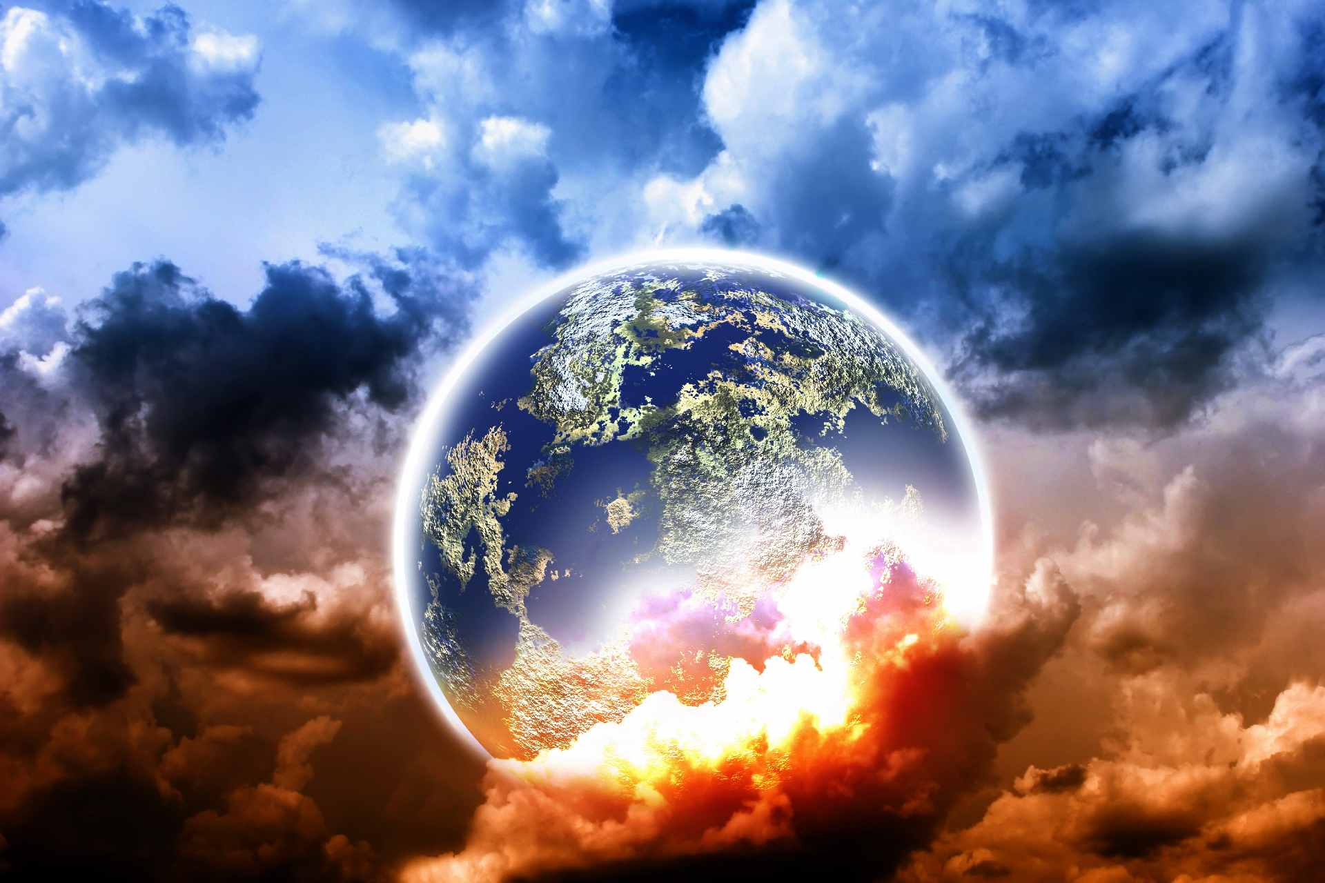 Artistic representation of Earth surrounded by dynamic clouds, symbolizing the global impacts of climate change and rising temperatures.