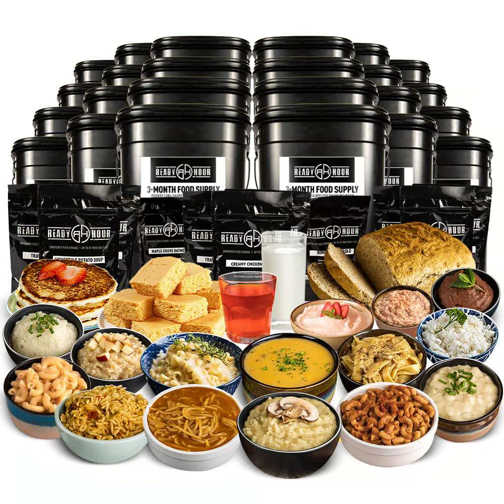 3-Month Food Supply with freeze-dried meals and prepared dish examples.