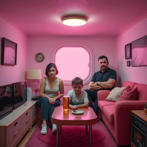 A family seated in a compact underground bunker with pink lighting, symbolizing a secure and enclosed environment during an emergency