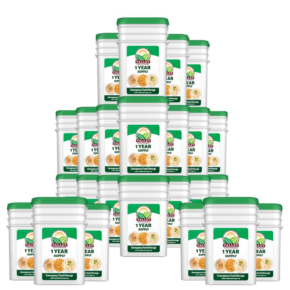 Valley Food Storage "1 Year Supply" buckets stacked for emergency use.