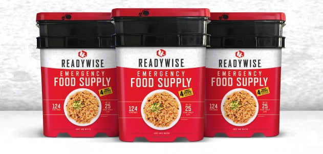 Three large ReadyWise Emergency Food Supply buckets against a neutral background, emphasizing the brand's bulk options and long-lasting meal supply with a 25-year shelf life.