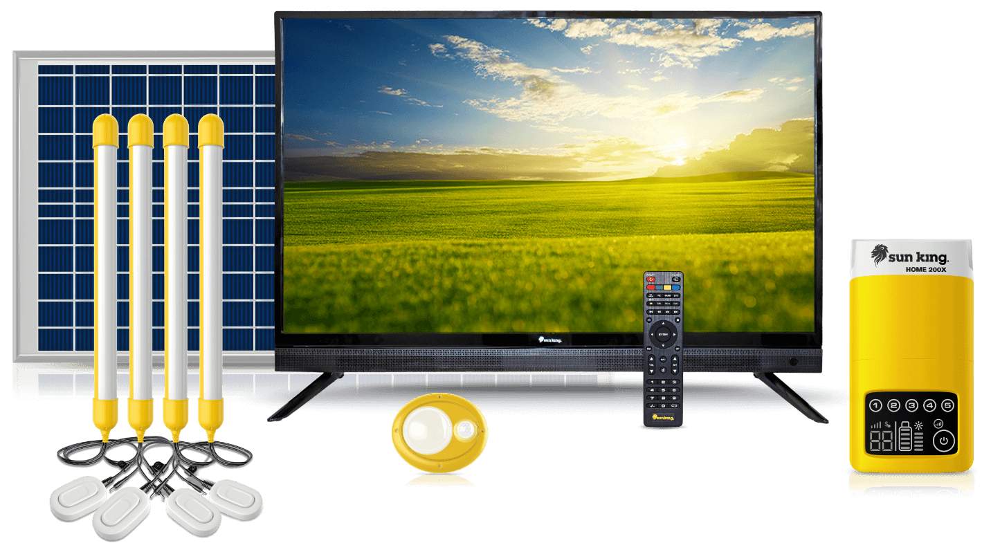 Sun King Solar Lights System with solar panel, power bank, LED lamps, and TV.