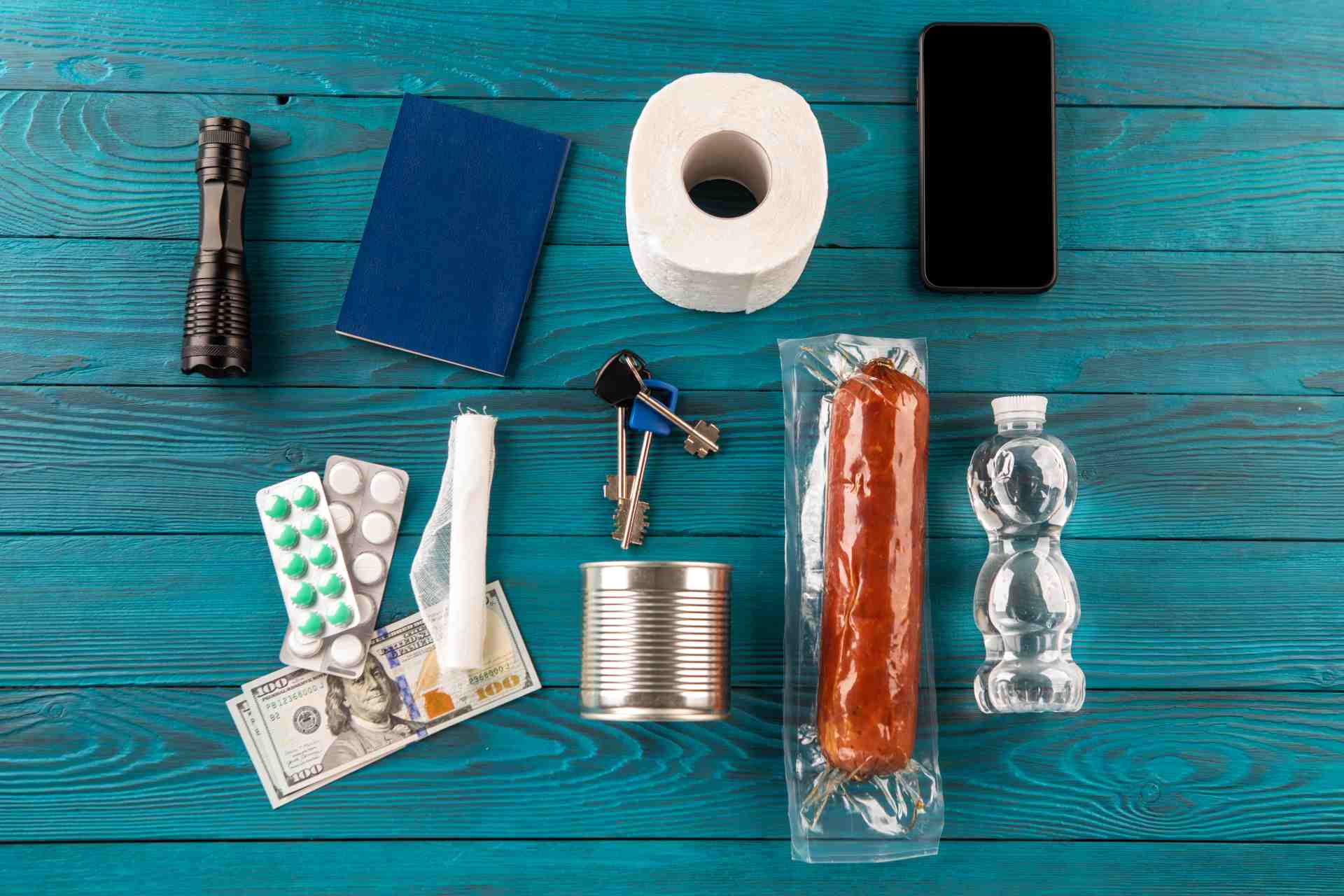 An assortment of vital survival items including a flashlight, water, medication, and other essentials, key for bartering during crisis situations.
