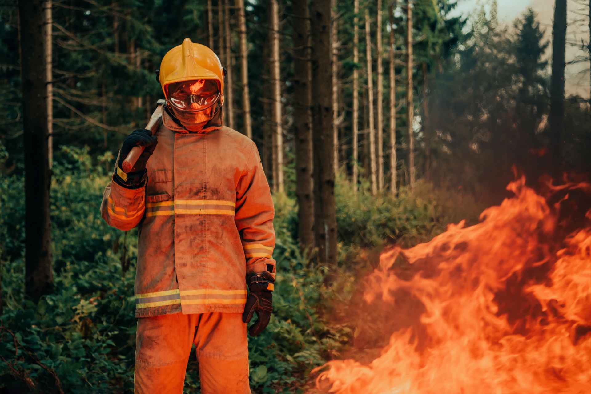 A firefighter in full protective gear, holding an axe, stands near a forest fire, demonstrating skills needed to respond to natural disasters and survival in hazardous situations.