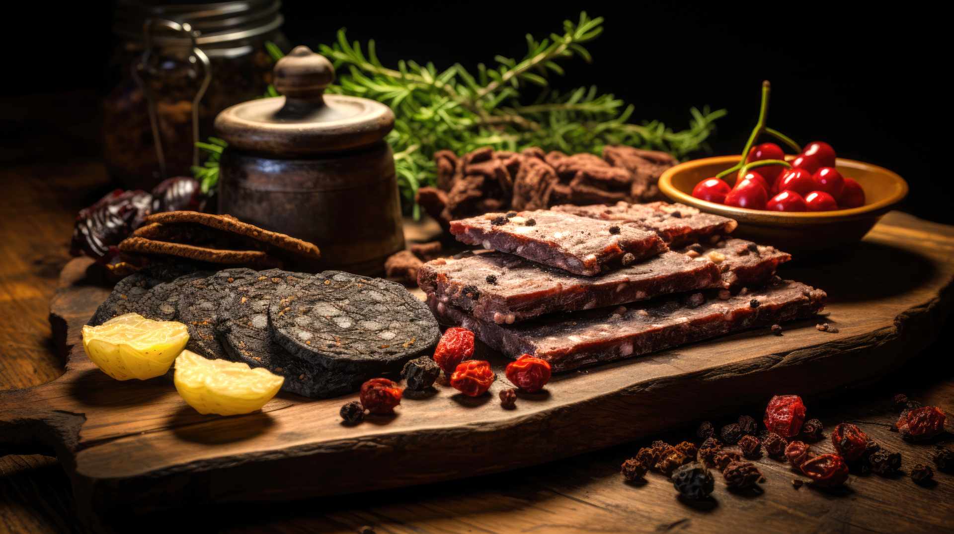 Dark pemmican slices with dried berries and herbs on a wooden surface.