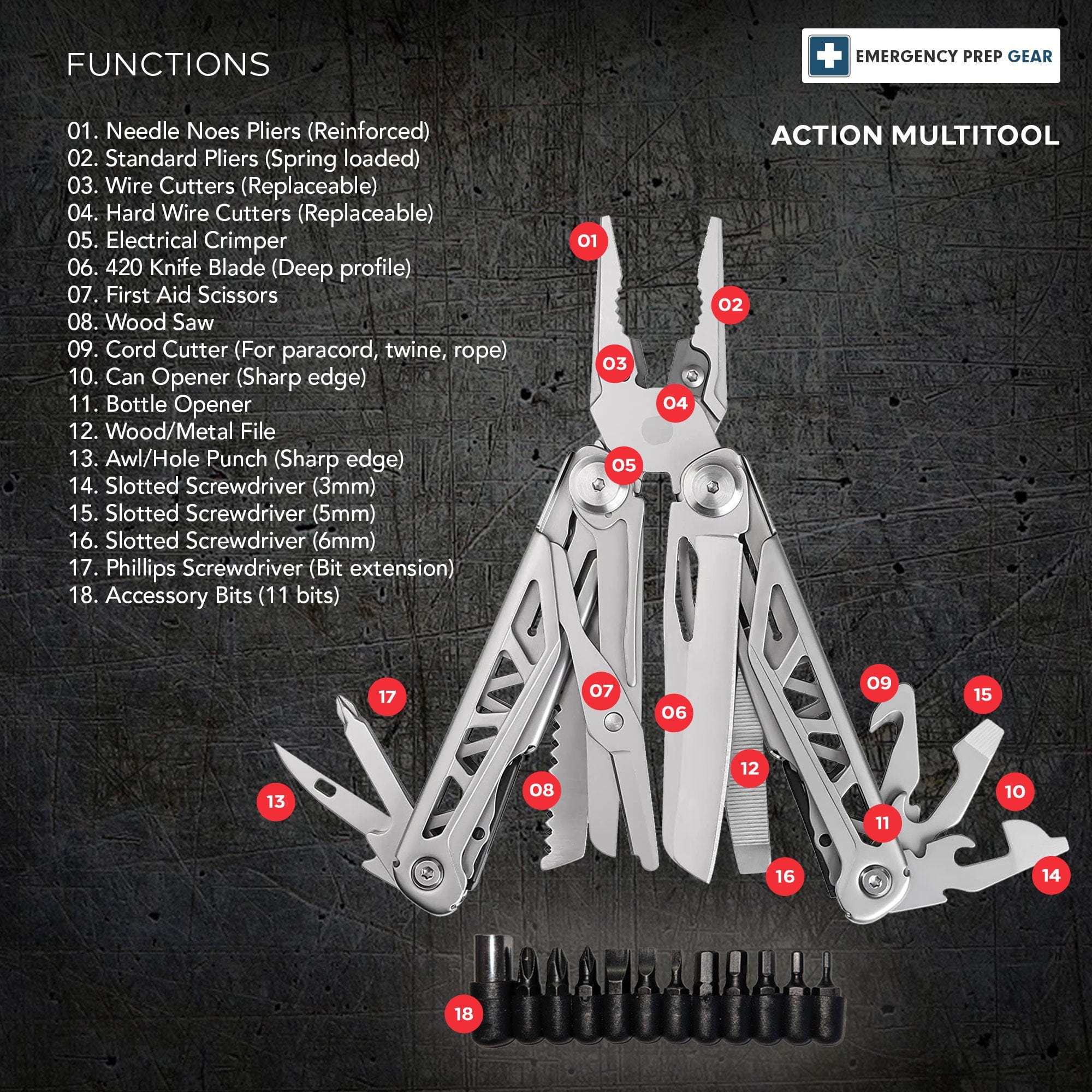 The Perfect Heavy Duty Multitool for Emergencies, Outdoors, Survival, Camping, Hiking - Military Grade Stainless Steel - ACTION™ Multitool - Premium Tools from Emergency Prep Gear - Just $50! Shop now at Prepared Bee