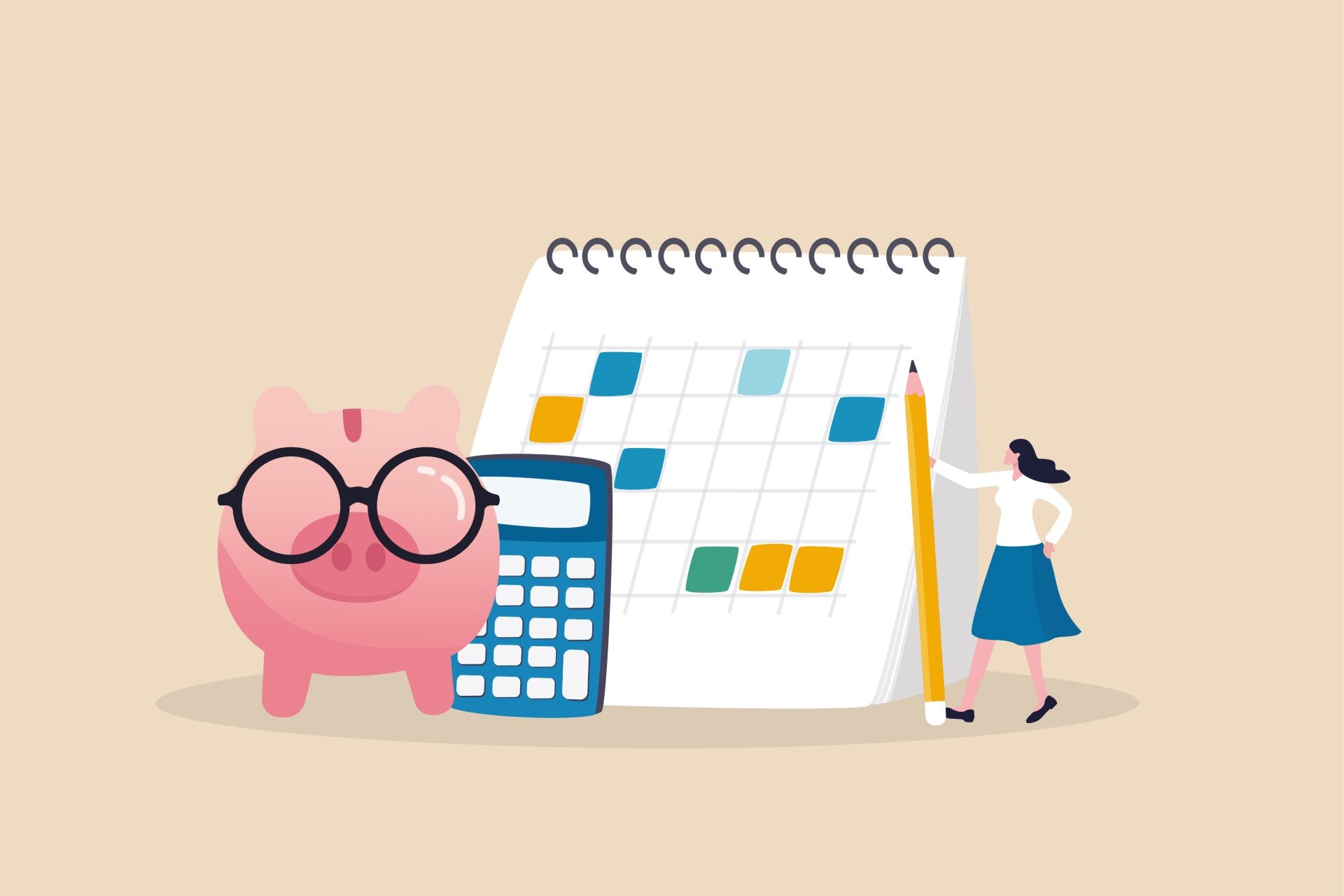 Cartoon piggy bank, calendar, and calculator for financial planning.