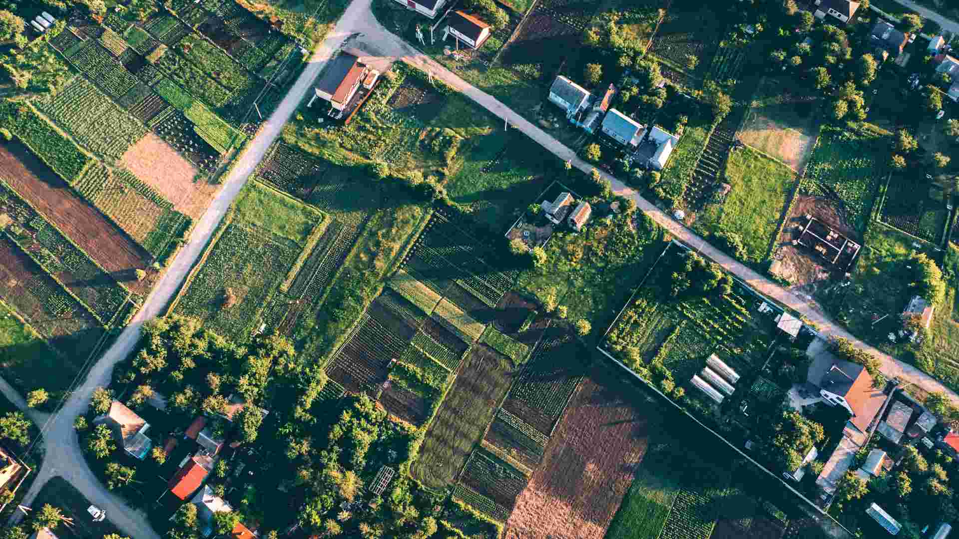 Aerial view of farmland with fields, houses, and roads.