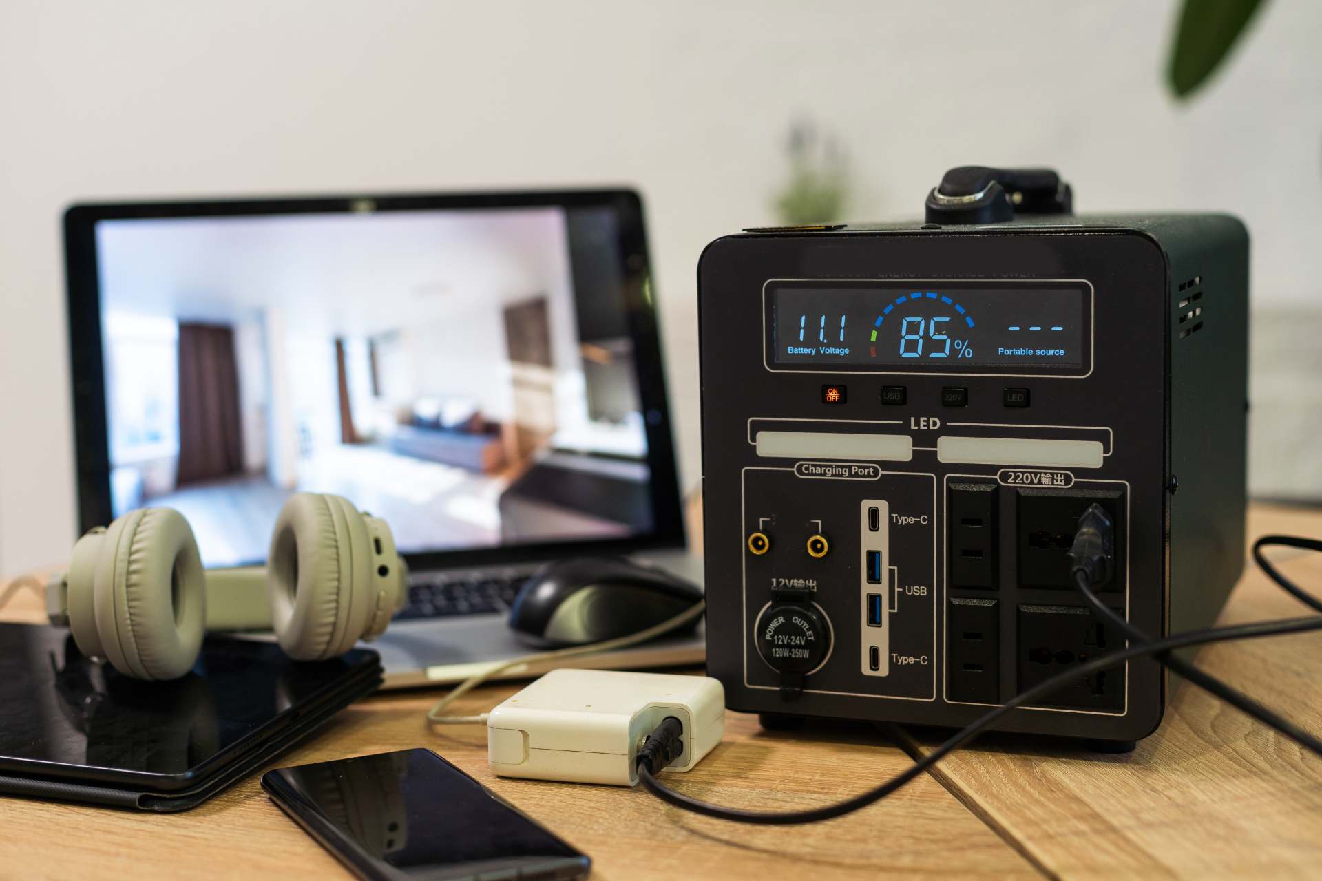 ortable fuelless generator powering a laptop and headphones, displaying battery status and voltage.