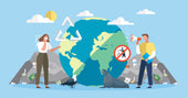  Illustration of Earth surrounded by pollution with individuals promoting recycling.