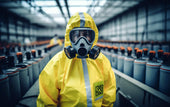Close-up of a worker in a bright yellow Level C HAZMAT suit with an air-purifying respirator in a warehouse filled with rows of sealed chemical containers.