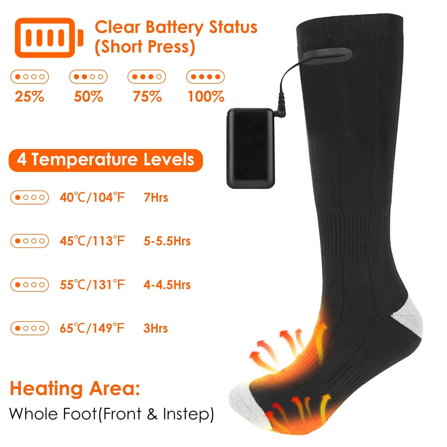 Electric Heated Socks For Men Women - Rechargeable Battery Feet Warmer - Machine Washable - Black