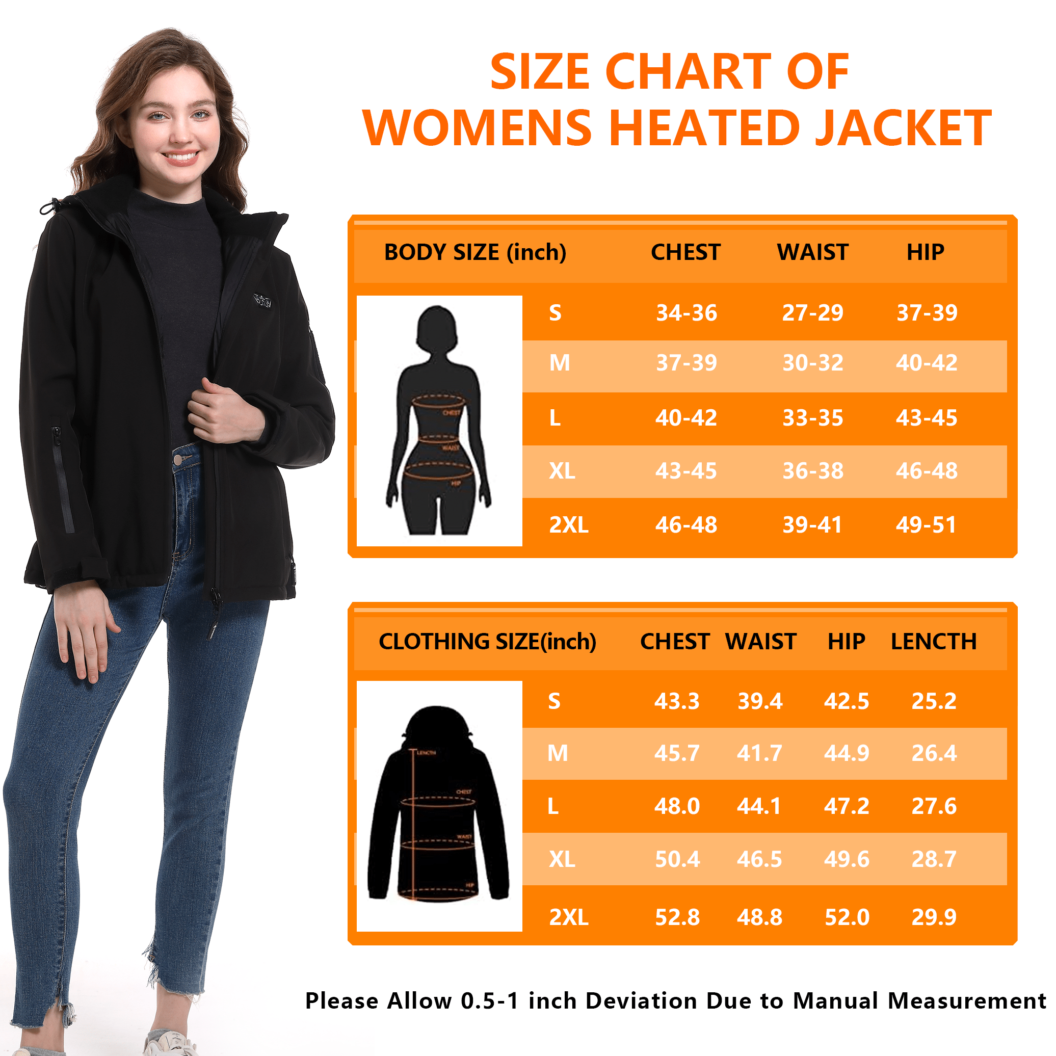 Women's Heated Jacket with 14400mAh Battery - 11-Zone Carbon Fiber Heating, - Machine Washable, Thermal Insulated Outdoor Sports Coat for Skiing, Hiking - Black