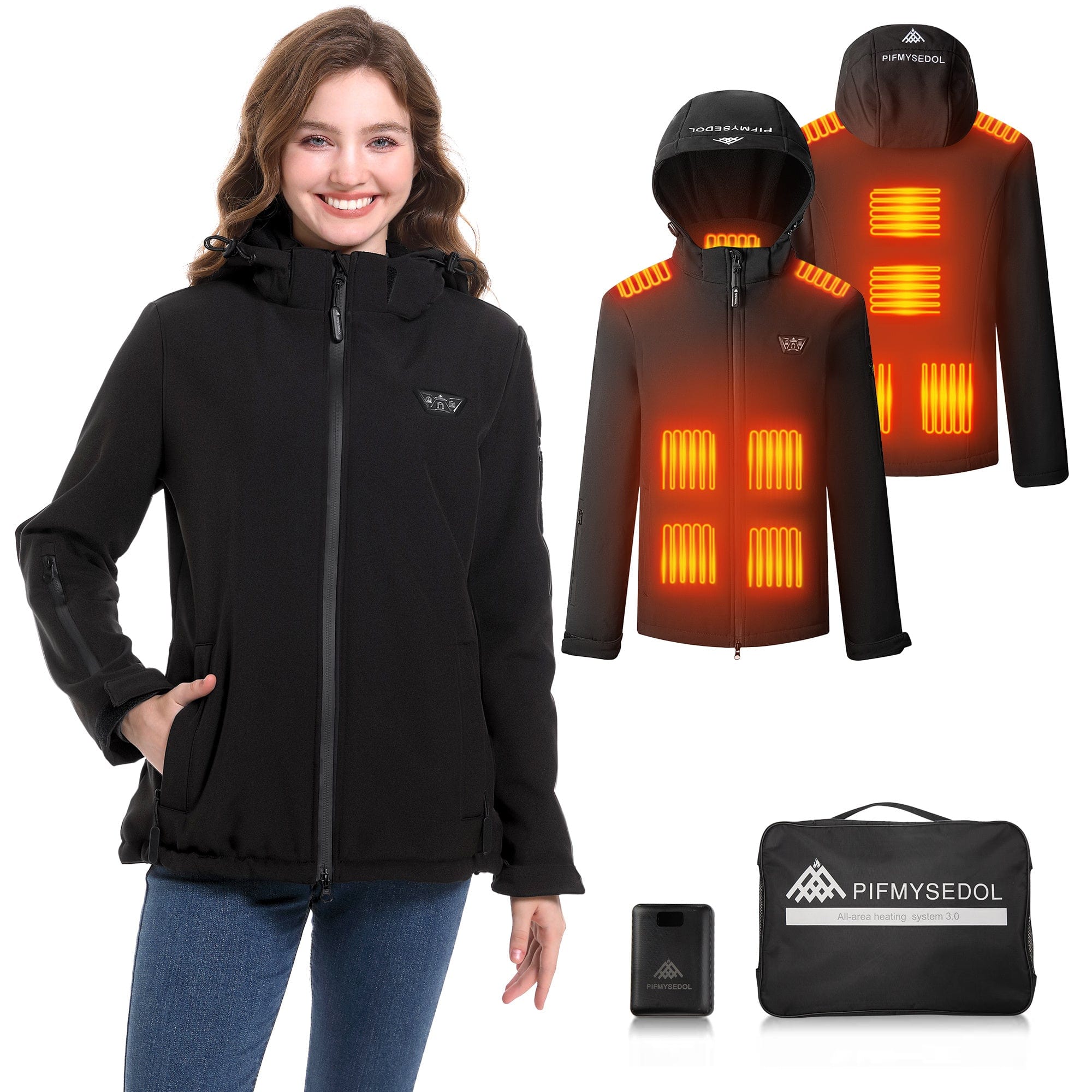 Women's Heated Jacket with 14400mAh Battery - 11-Zone Carbon Fiber Heating, - Machine Washable, Thermal Insulated Outdoor Sports Coat for Skiing, Hiking - Black